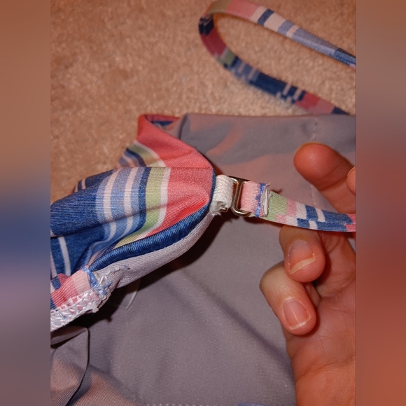 Splendid~Pink & Blue Striped Strapless Criss Cross Tie Back One Piece Swimsuit - Picture 12 of 16